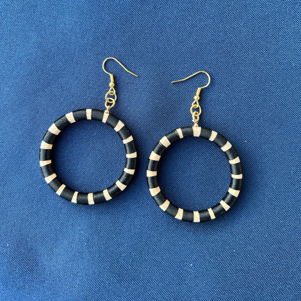 Handcrafted Wood And Black Ribbon Hoop Earrings